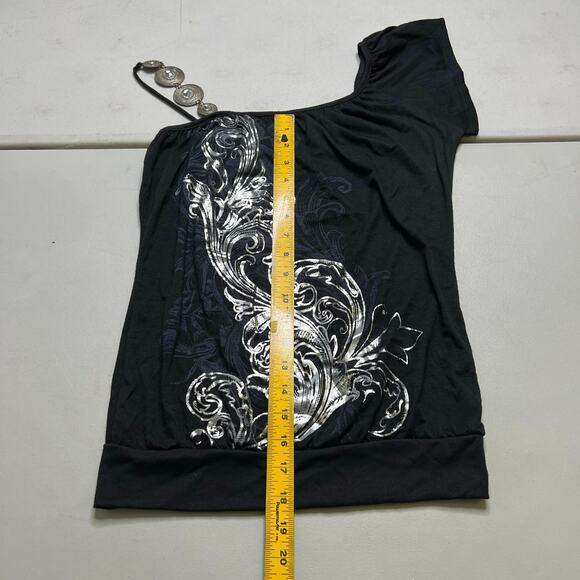 Annabelle One Shoulder Black Top Beaded Strap Metallic Floral Print Women Small - Picture 5 of 10